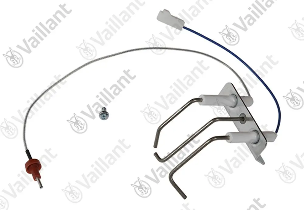 Vaillant Elektrode mit mehreren Anschlüssen, bestehend aus einem Metallgestell mit drei Röhren, einem Kabel und einer Schraube.